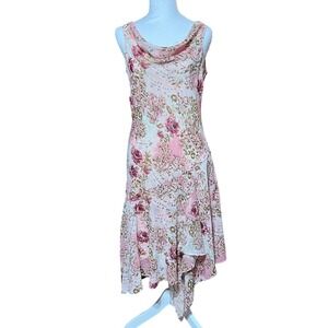 VTG Connected Apparel Pink Floral Paisley Sequin Handkerchief Hem Midi Dress M